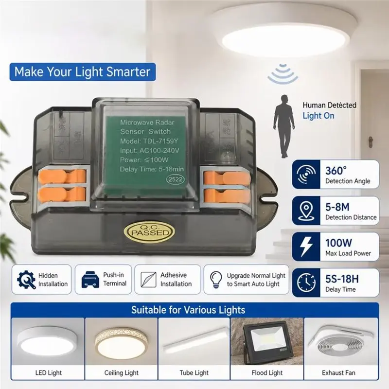 AC23-Smart Microwave Radar Light Sensor For LED Ceiling Light Fluorescent Lamp Ventilator