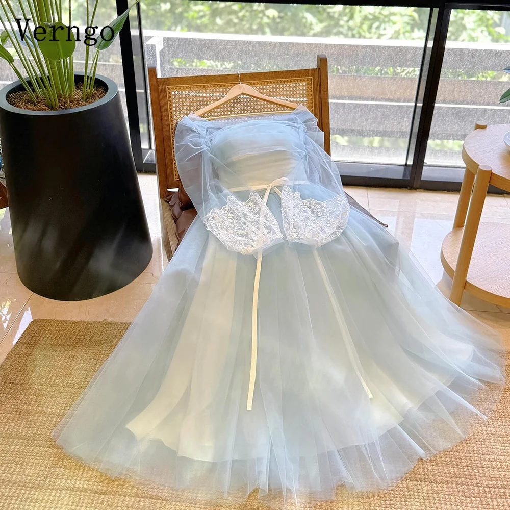 

Verngo Blue Tulle Evening Dress Off The Shoulder Long Sleeves A Line Prom Gowns Lace Elegant Formal Occasion Dresses Customized