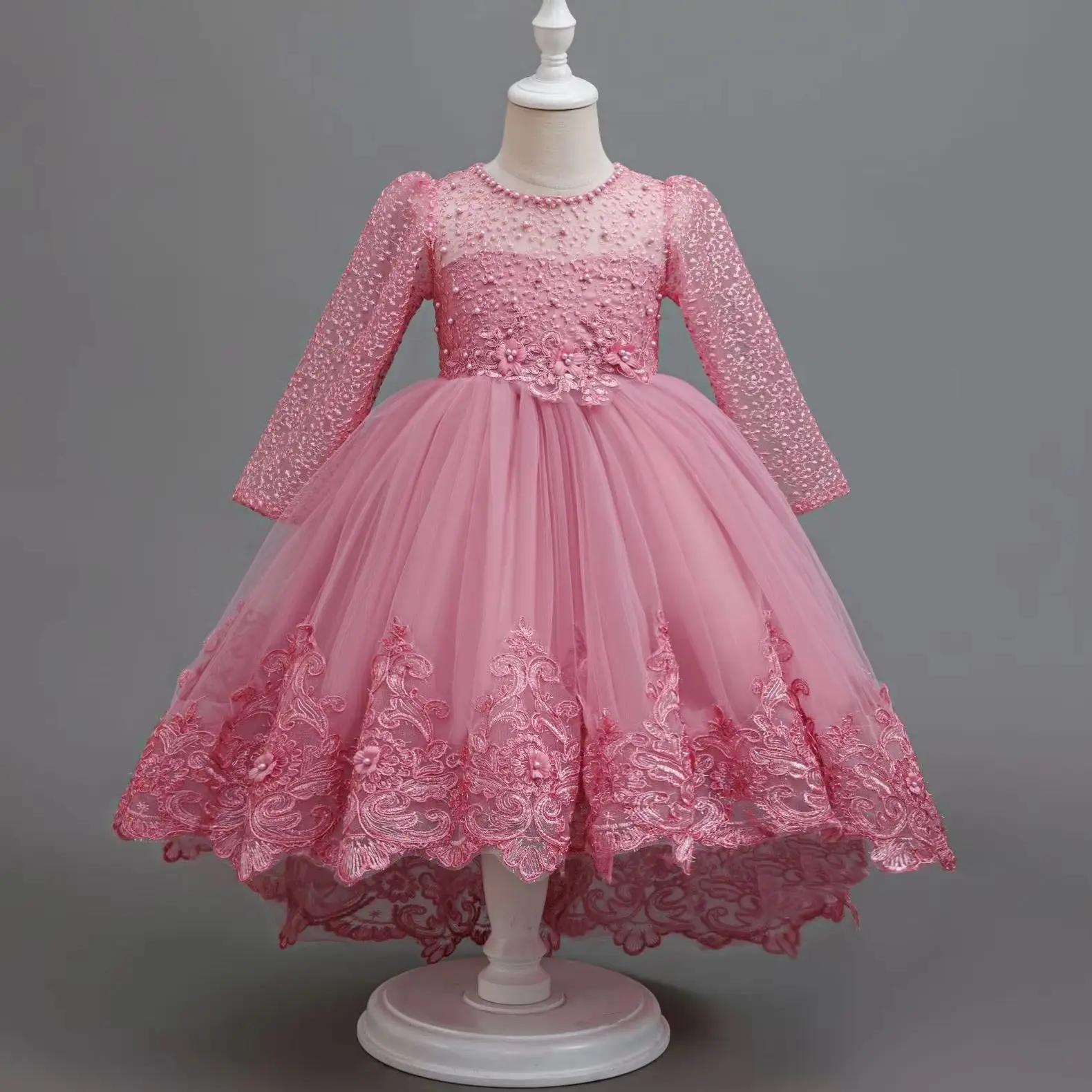 Embroidery Girl Party Dress Pearls Long Sleeve Kid Girls' Princess Clothes Girls Evening Dresses 2-6Y
