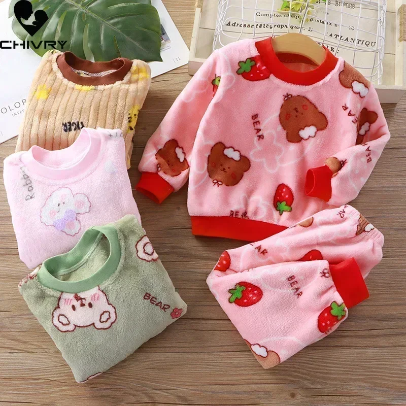 New Autumn Winter Kids Thicken Warm Flannel Pajamas Sets Baby Boys Girls Cartoon Long Sleeve O-neck Sleepwear Clothing Pyjamas