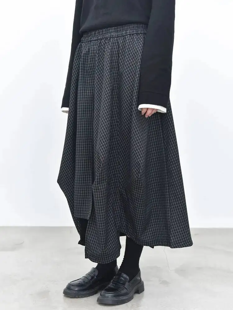 High Elastic Waist Black Plaid Irregular Cut Hem Bud Half-body Skirt Women Fashion New Spring Autumn 2026 JDEF