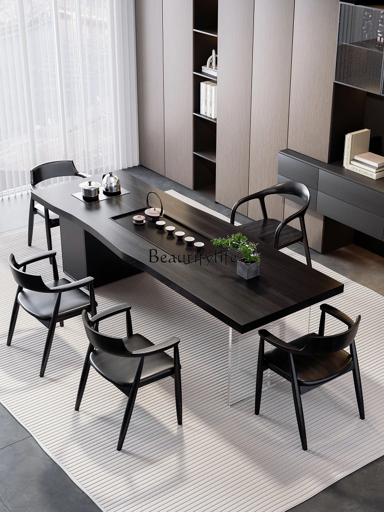 01Modern simple solid wood large board tea table integrated carbonized acrylic coffee table