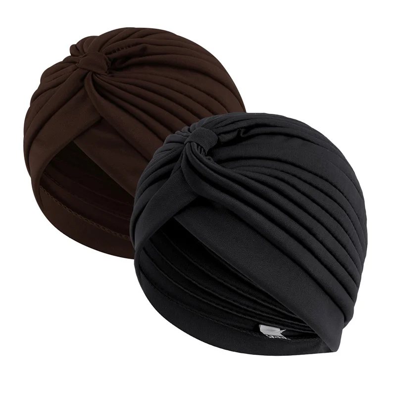 2pcs/lot Stretch Turbans Head Beanie Cover Twisted Pleated Headwrap Assorted Colors Hair Cover Beanie Hats for Women Girls