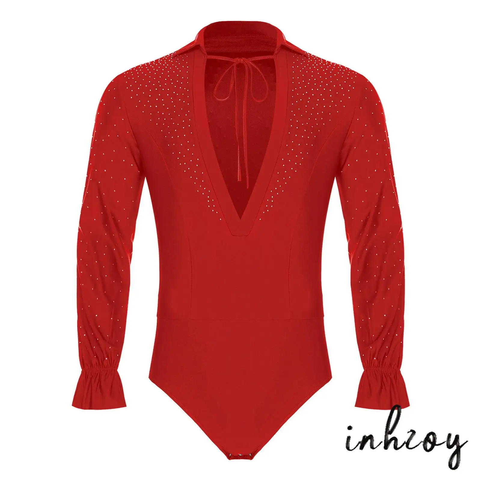 

Mens Lyrical Latin Leotard Deep V Neck Long Sleeve Openable Crotch Glitter Rhinestones Bodysuit Modern Jazz Latin Dancewear