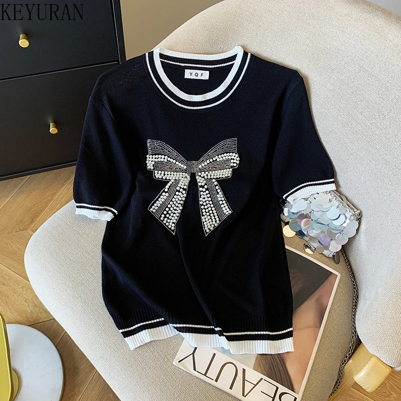 

Лето 2022, новые вязаные футболки из ледяного шелка с бисером для женщин, корейская мода, повседневный трикотаж с круглым вырезом, топы Y2K, женские футболки