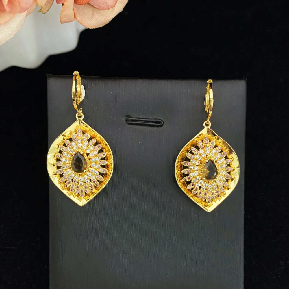 JRH Luxury Madam Evening Zircon Jewelry Set Gold Plated Brass 4-Piece Party Necklace Earrings Bracelet Ring