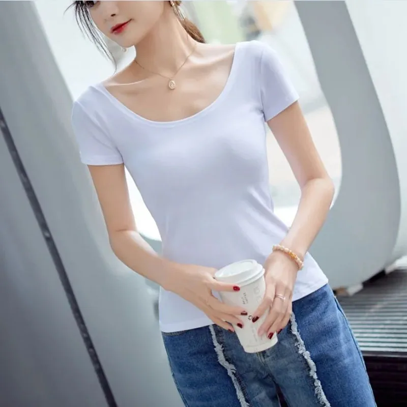 

Nice Women T-shirt Pure Cotton White U-neck Short-sleeved T-shirt Women's Summer Slim Fit Sexy Low-neck Top Backless Bottoming S