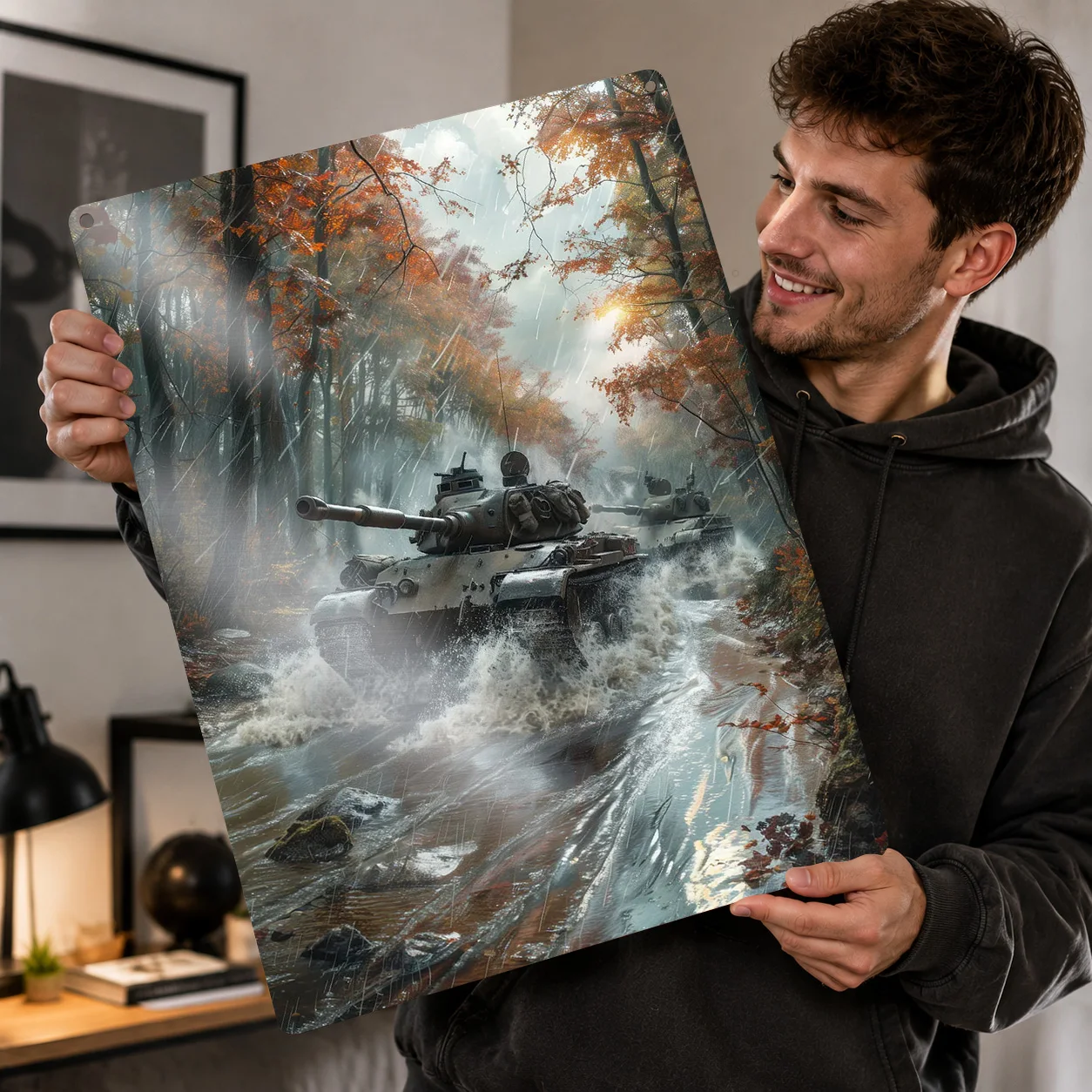 Tanks Crossing River 3D Printed Texture Poster Personalized Wall Art Retro Metal Tin Signs for Modern Home Decoration Luxury