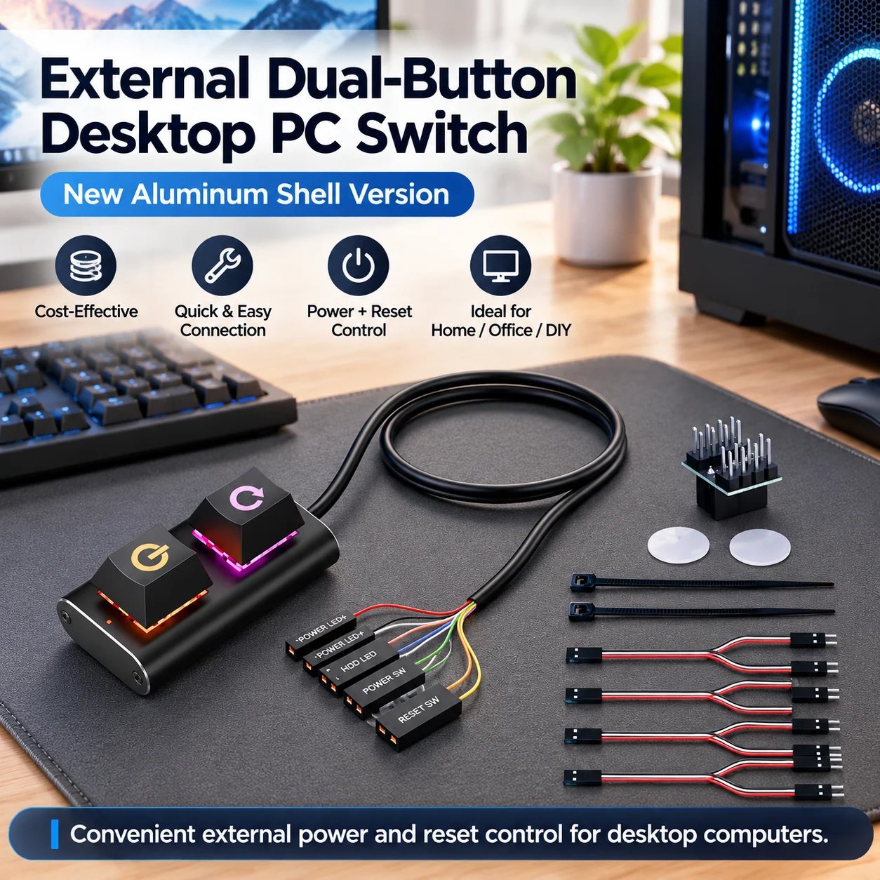 2m Desktop Computer Power Button with LED Light External Start Power On/Off And Reset Button for Gaming Enthusiasts