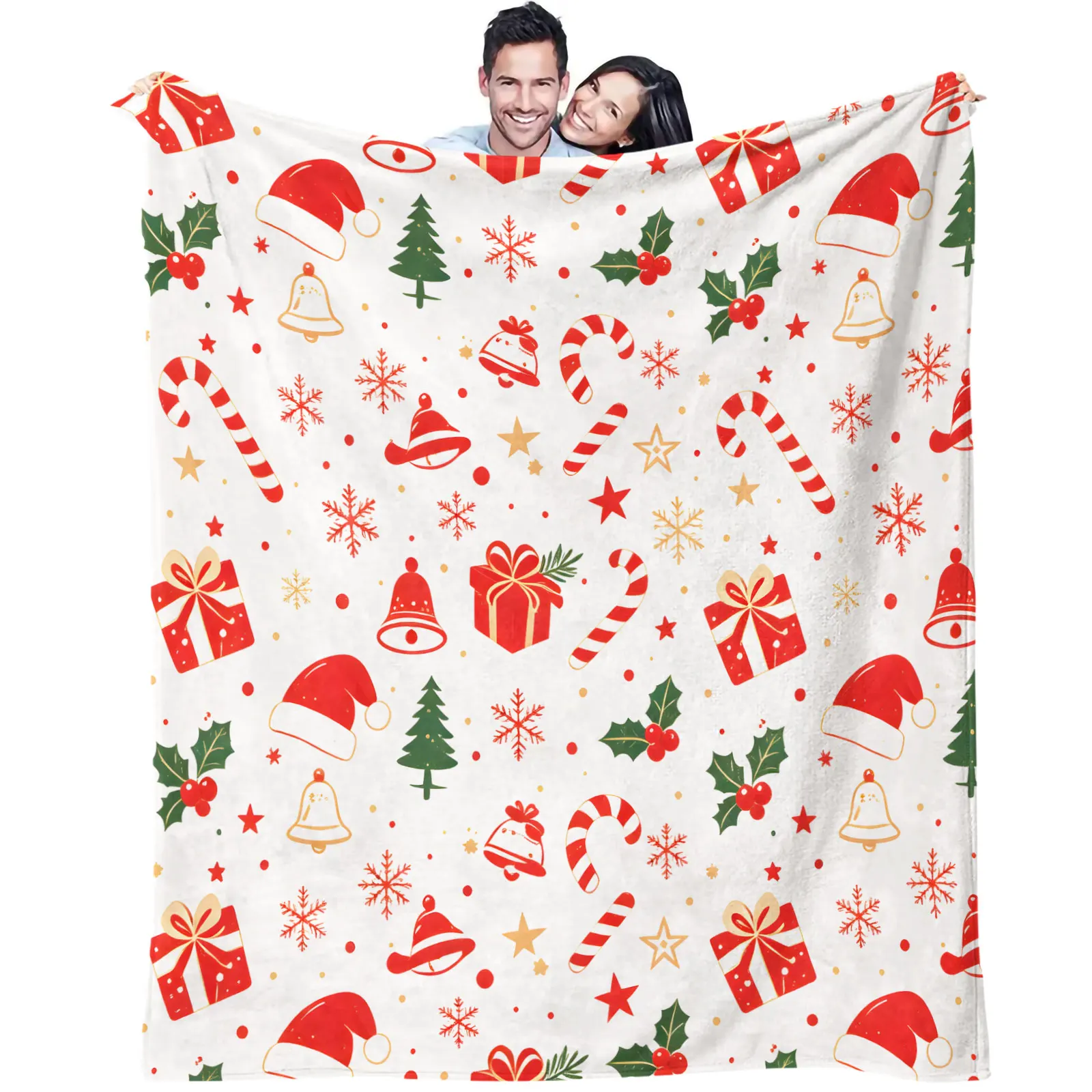 Christmas Flannel Throw Blanket Santa Hat Candy Cane Gift Box Bell Xmas Tree Snowflake Print Soft Plush Microfiber Warm Blanket