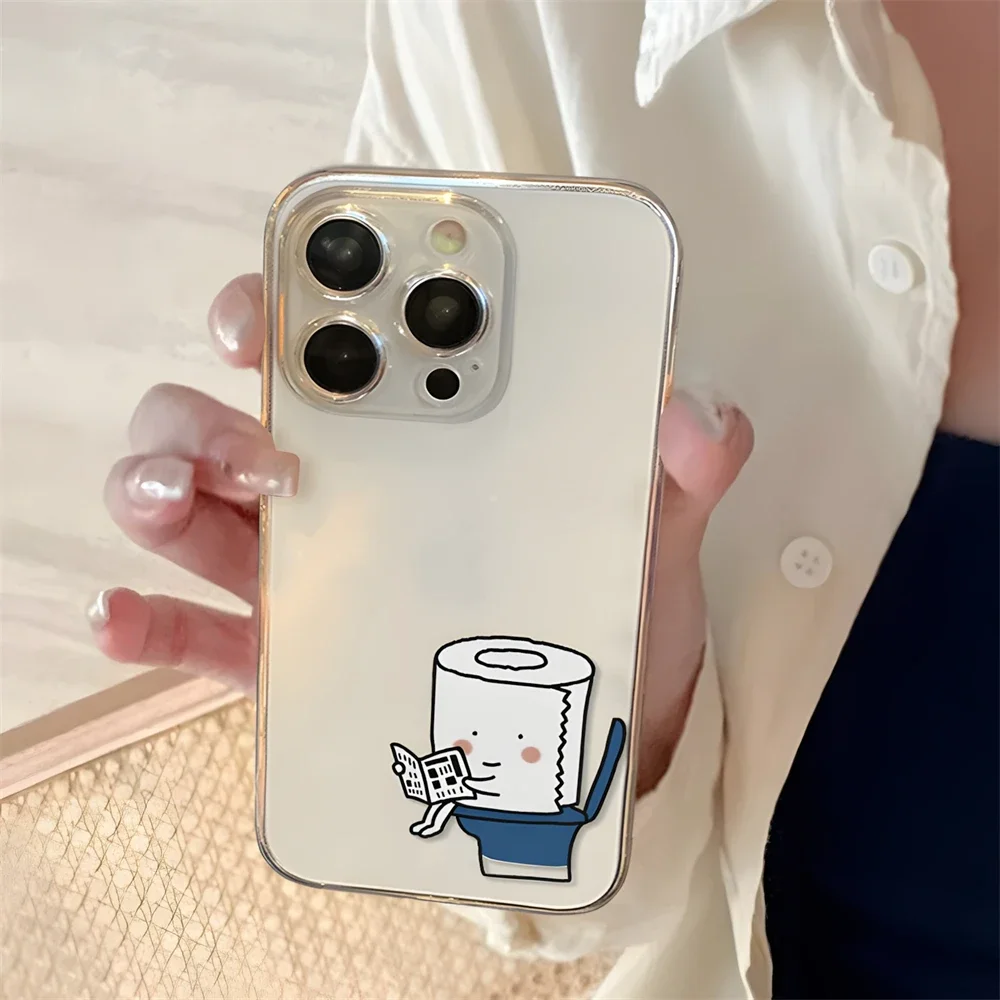 Cute Anime Toilet Paper Clear Case for iPhone 16 15 14 Plus 12 13 mini 11 Pro Max XR Ultra Thin Shockproof Soft Silicone Cover