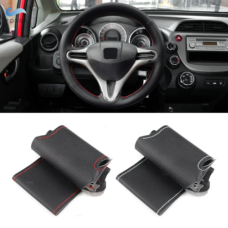 For Honda Fit Jazz City 2009 - 2013 Insight 2010-2014 Hand-stitched Perforated Leather Car Steering Wheel Braid Protective Cover