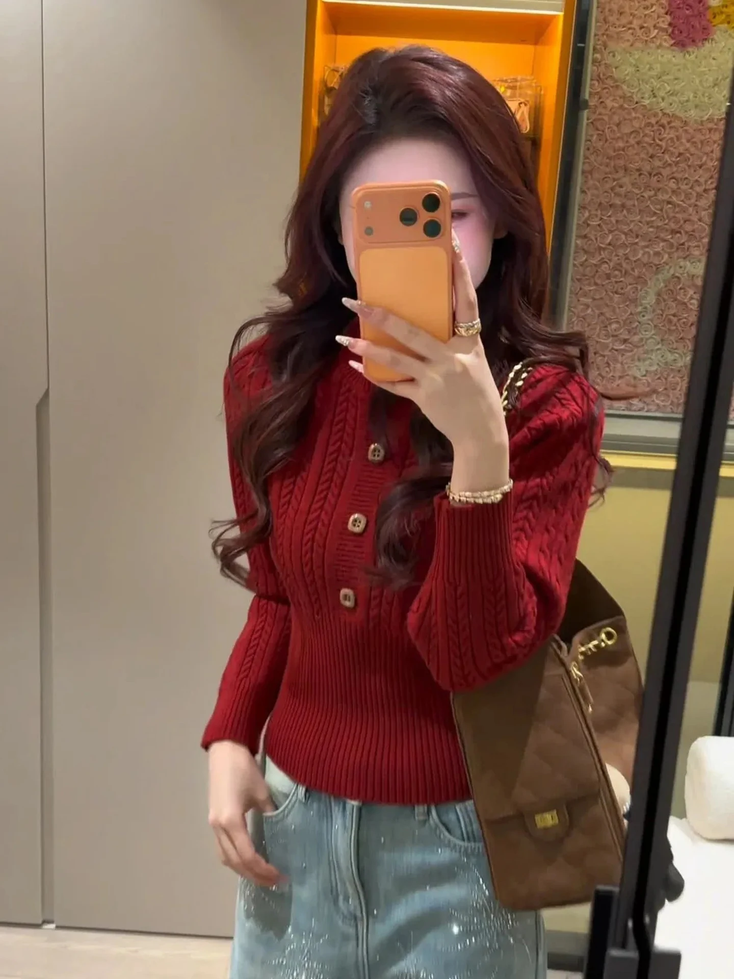 

Red Knitted Sweater Women's Slim Fit New Year's Aosphere Twist Pattern Texture Versatile Sweater Spring 2026 Simple Sle L...