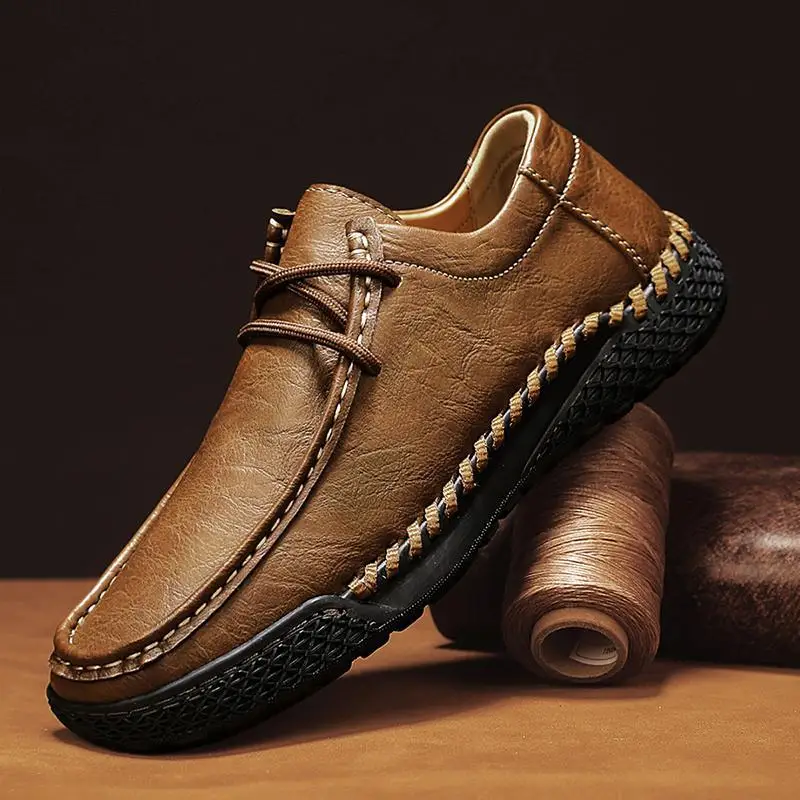 Men's Handmade Leather Casual Shoes Premium Full Grain Leather Upper Stitching Detail Non-slip Rubber Sole Comfortable Lace-up