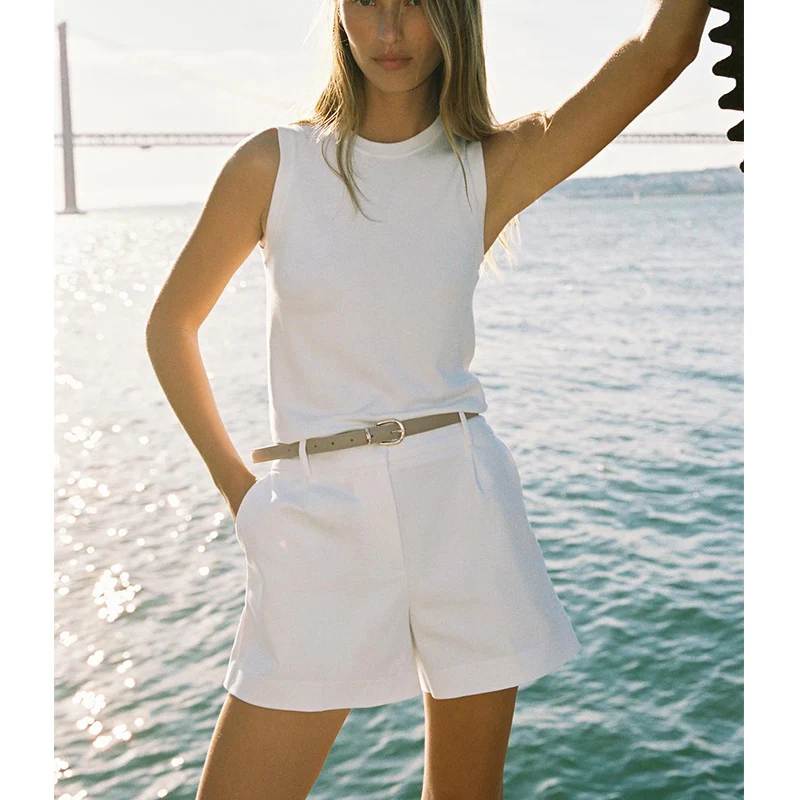 Nowe letnie damskie spodnie codzienne z paskiem, plisowane, do pracy, prosty krój, wygodne, z włókna poliestrowego.