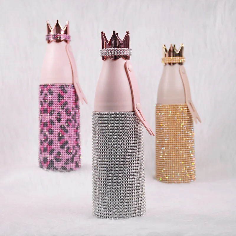 Bling Thermos Bottle Sparkling Rhinestones Double Wall Stainless Steel Insulated Water Bottles Flask Vacuum Bottle  Crown Lid