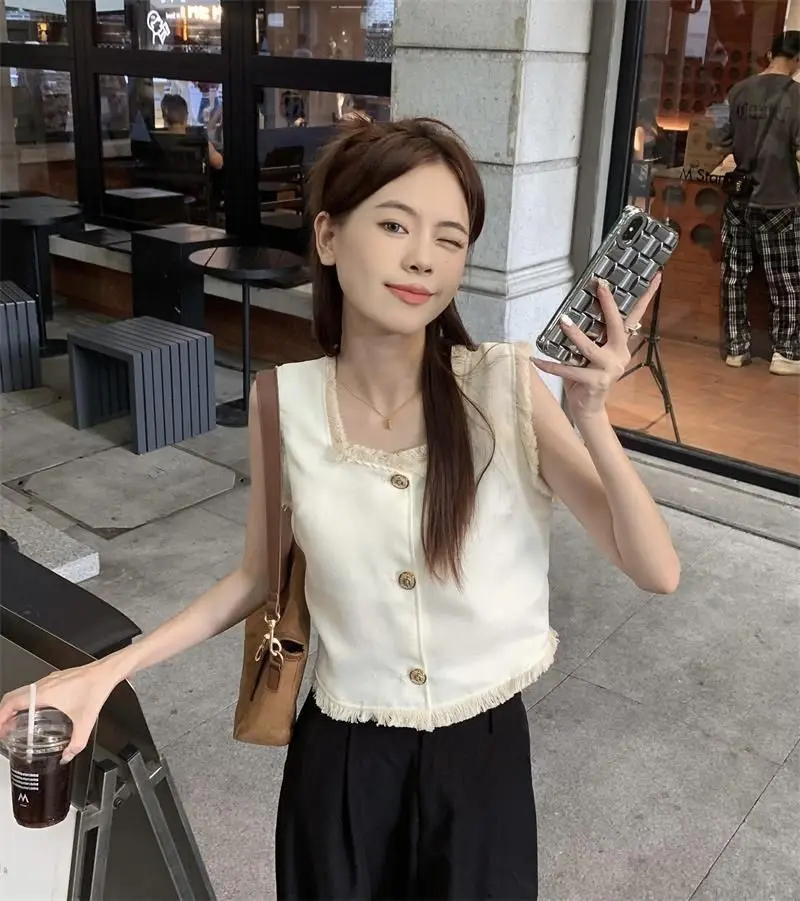Temperament Lady Tops Chic Tanks Coats Sleeveless Tassel Waistcoats Women Clothing Square Collar Slim Fit Summer Vest Ropa Mujer