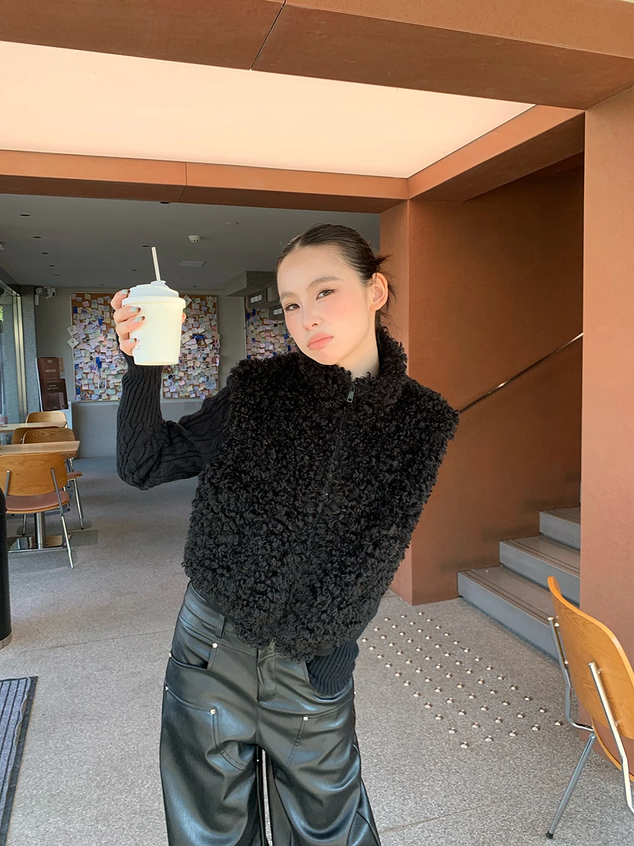 

Black Lamb Fur Vest Jacket Women's Spring Autumn Knitted Long Sleeve Short Splice Fake Two-Piece Outerwear Cool Style