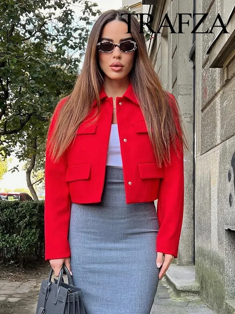 TRAFZA Autumn Winter Women Fashion Single Breasted Turn Down Collar Red Coats+Female Casual Office Lady Slim Pants 2 Piece Suit