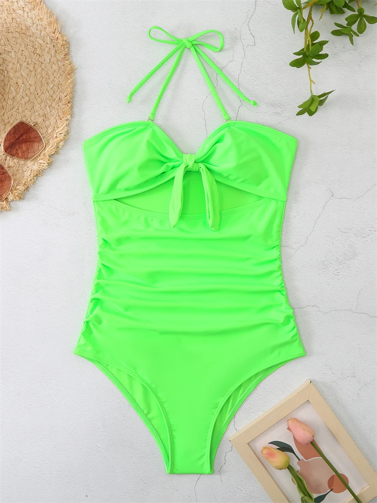 One Piece Women Swimsuit 2023 New Solid Halter Bow Swimwear Push Up Sexy Bodysuit Monikini Summer Beach Wear Bathing Suit Female