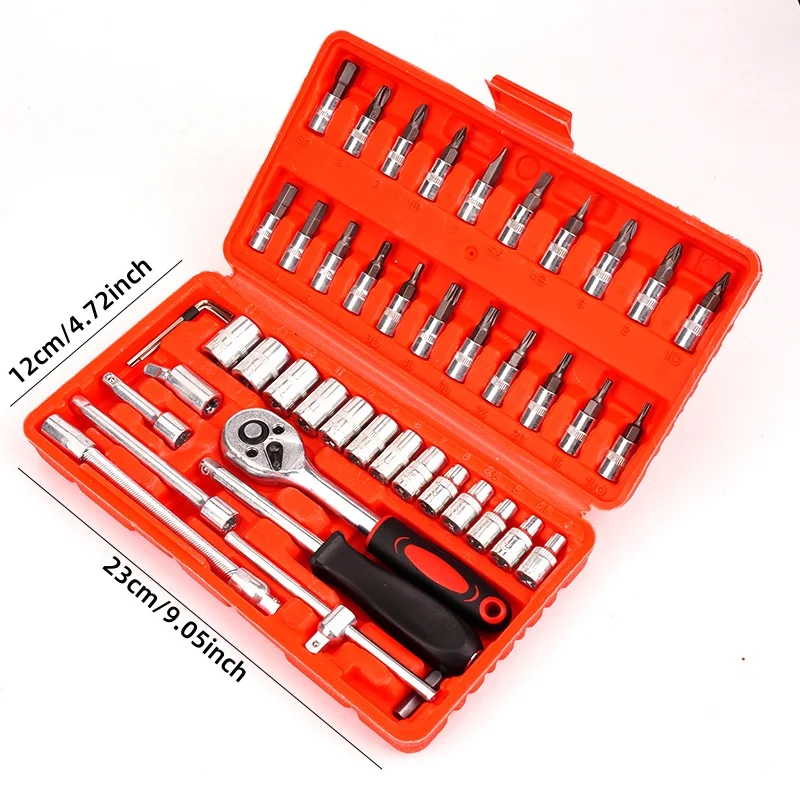 Carbon Steel 46 Piece Small Fly Socket Household Group Set Quick Ratchet Hexagon Spanner Car Repair Maintenance Tool Box