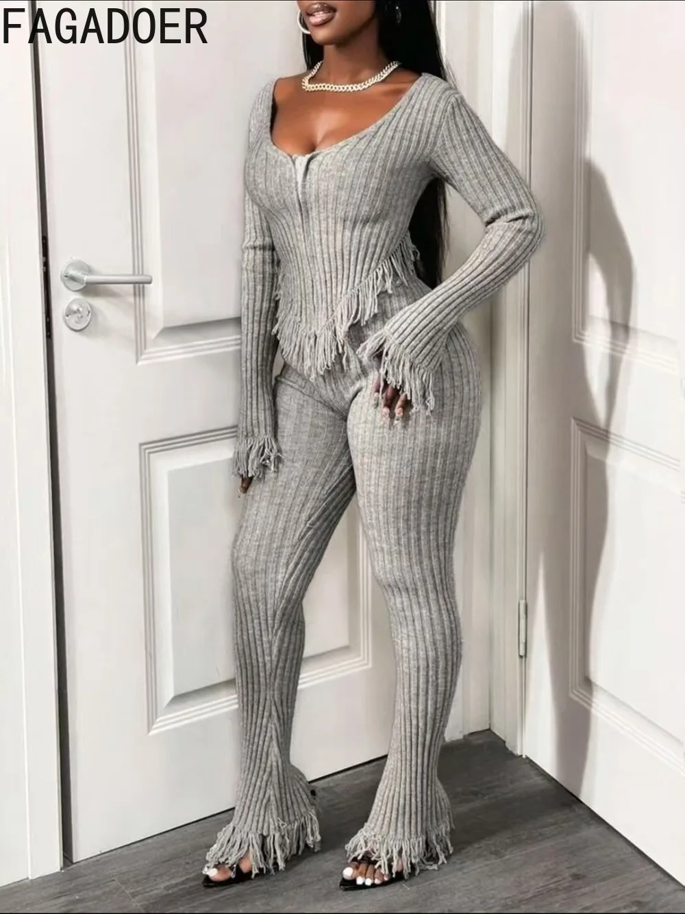 FAGADOER Y2k Sexy Knit Tassel Patchwork Woman 2 Piece Set Outfit Solid Color Long Sleeve Top + Pants Matching Female Streetwear