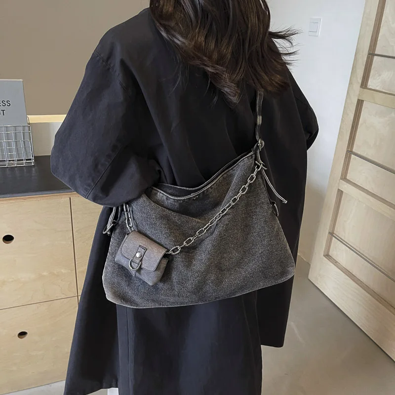Tas Tote Bahu Denim Wanita untuk Wanita Tas Selempang Mahasiswa Universitas Besar Korea Jepang Baru Mewah