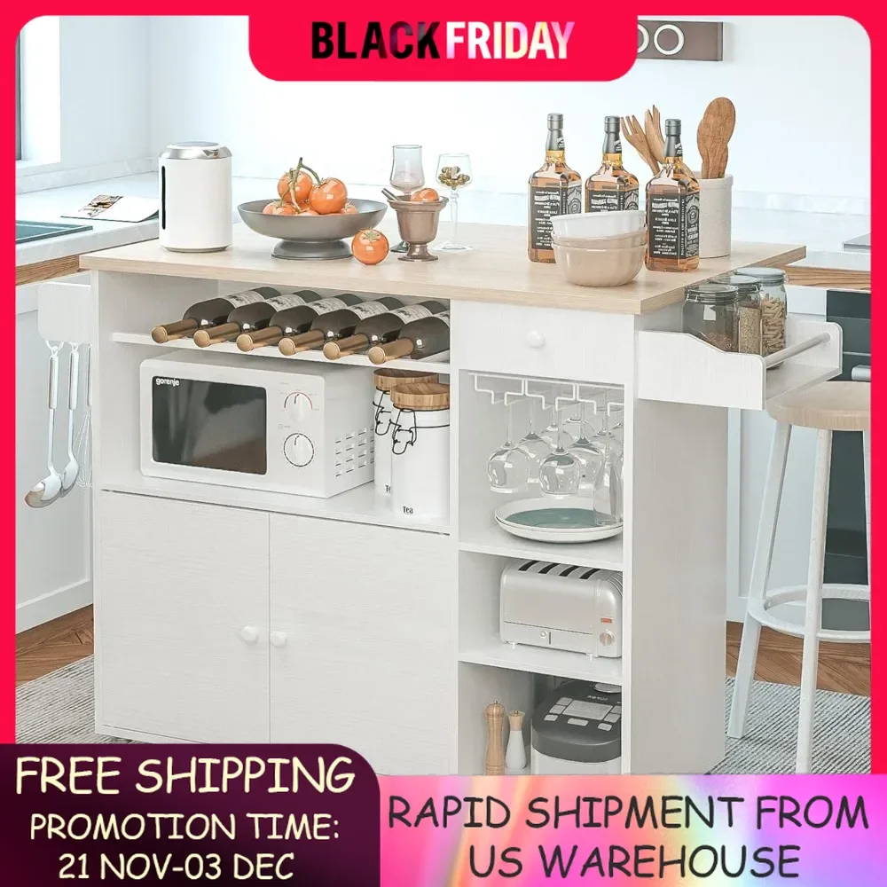 Rolling Kitchen Island Cart with Drop-Leaf and Wine Rack, Microwave Rack Serving Cart on Wheels,Kitchen Island Cart