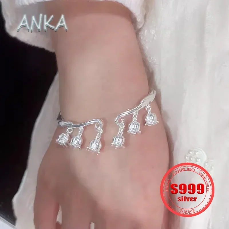 ANKA NEW S999 Sterling Silver Bell Orchid Flower Bell Bracelet Fairy Women's Bracelet Open Bangle Containing 99.9% Silver