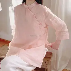 2023 elegante algodão cheongsam blusa estilo chinês superior feminino meados de comprimento camisa solta manga de sete pontos retro topo feminino s110