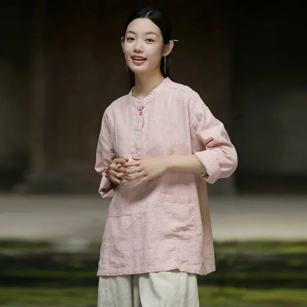 

Nianbaixiu Women's Long Sleeve T-Shirt Loose Design Autumn Blouse Chinese Style Original Cloth Shirt