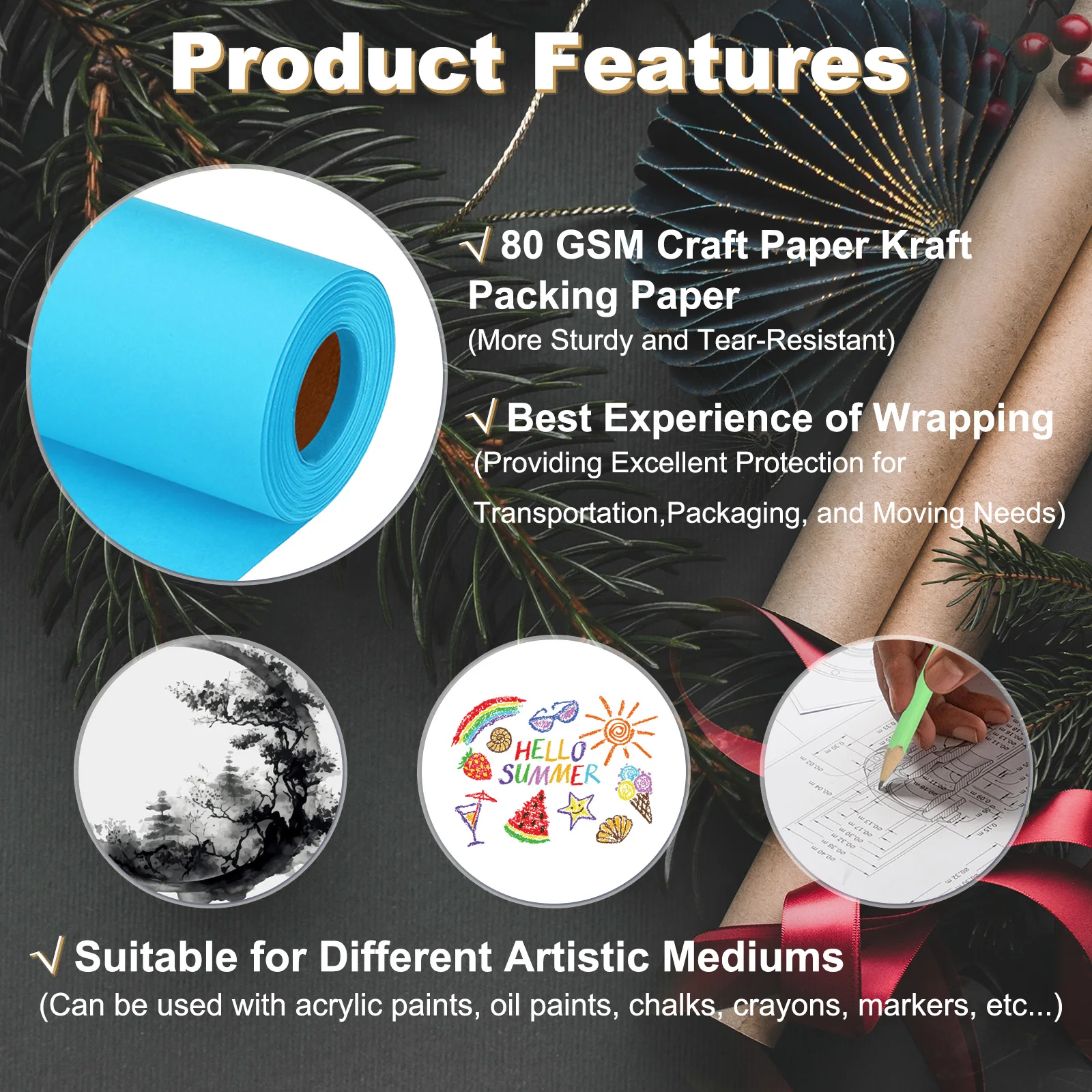 50cmx30/40/50m Packaging Paper Wrapping Paper 80GSM Craft Paper Roll Kraft Packing Paper for Poster Bulletin Board Gift Wrapping