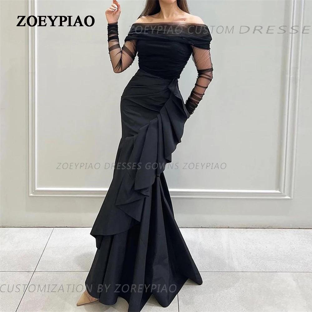 

Black Ruffles Off Shoulder Evening Dresses Full Sleeves Mermaid Arabic Formal Occasion Party Prom Gowns 2024 فساتين الحفلات