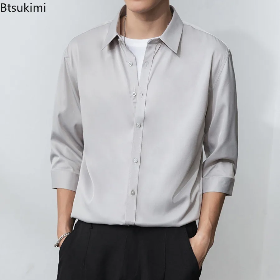 

2025 Men's High-end Ice Silk Seven Quarter Sleeved Shirts Summer Loose Solid Color Shirt Casual Fashionable Business Shirt Coat