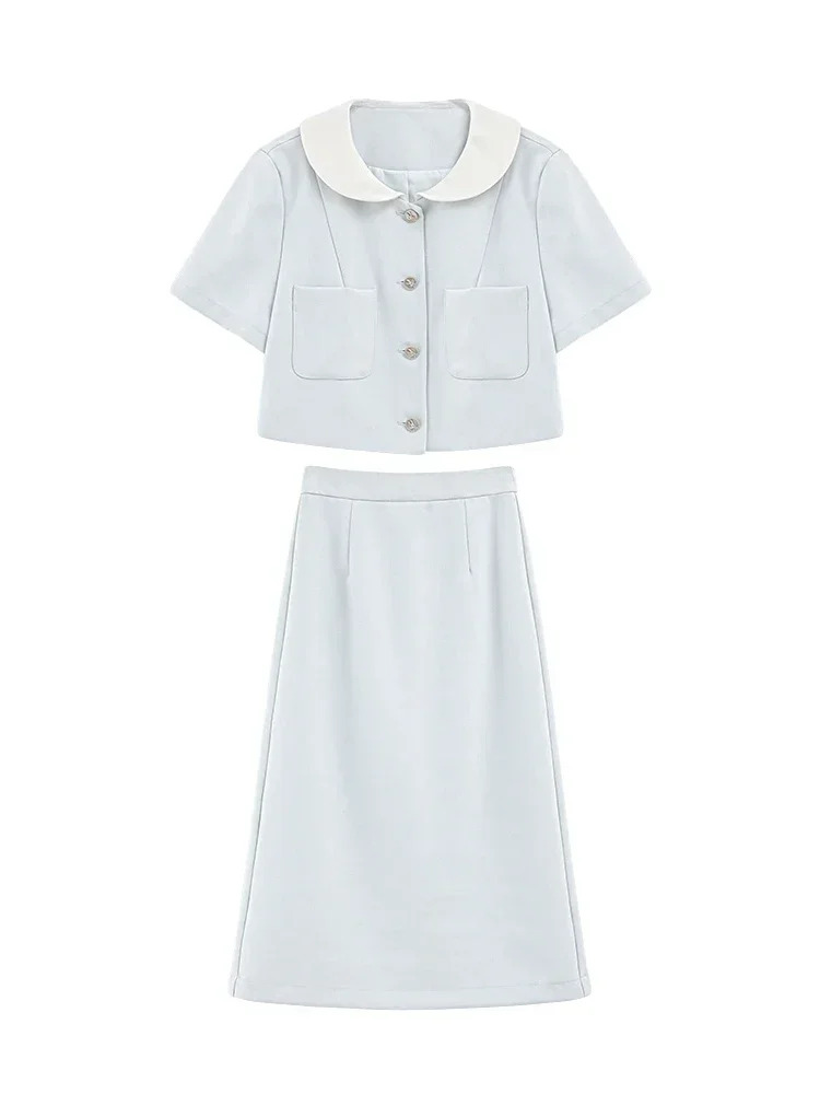2025 Spring Two Piece Skirt Set Women Long Sleeve Top High Waist Midi Skirt Elegant Outfit with Contrast Collar Minimalist Style