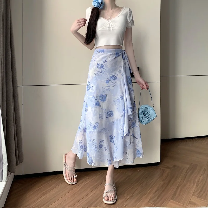 Ele Floral Lace Fi Tail กระโปรง f-length ผู้หญิงฤดูร้อน One-piece Slit Lotus Le กระโปรงเส้นใยโพลีเอสเตอร์ Midi กระโปรง