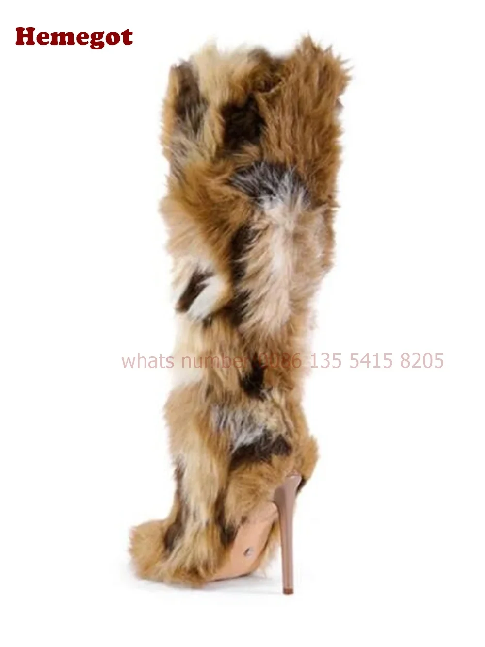 Pointy Toe Thin Heels Warm Women's Boots Animal Fur Knee High Boots Winter Splicing Stiletto Plush Casual Runway Shoes Sexy