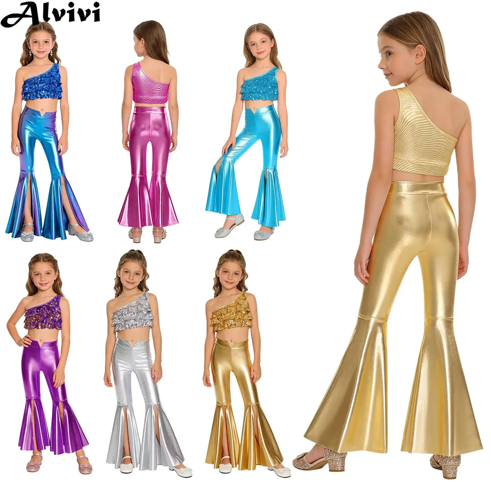

Детский костюм для диско-джазовых танцев в стиле 70-х для девочек: блестящий укороченный топ с пайетками и металлические расклешенные брюки для карнавальной вечеринки