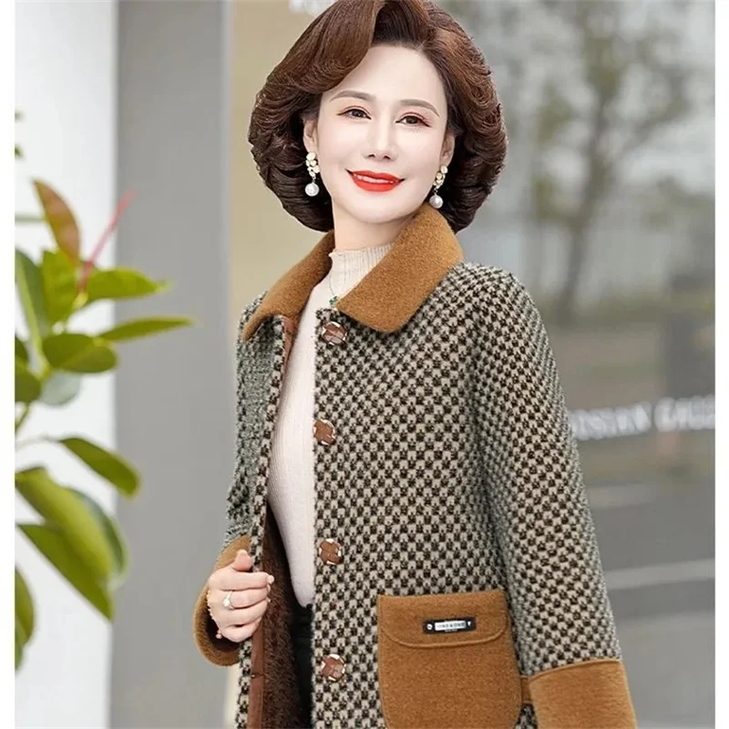 

Middle Aged Mother Long Sleeves woolen Coat Korean Femme Large Size 5XL Woolen Outwear Autumn Winter Ladies Fashion Blend Jacket