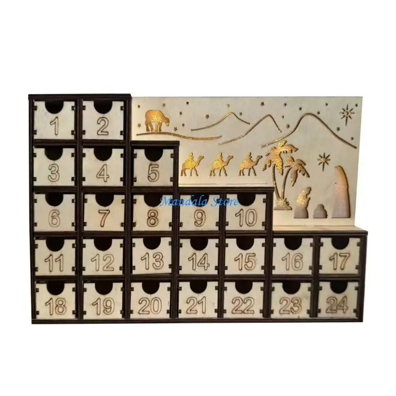 

U2JC Festival LED Light Nativity Scene Advent Calendar Wooden Countdowns Cabinet Decoration Holiday Accessory