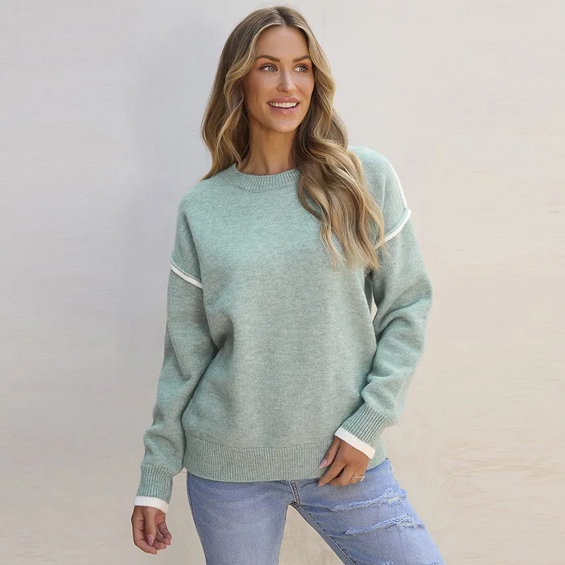 

Женский универсальный пуловер, вязаный свитшот, свободный крой, круглый вырез, соответствующий цвету, европейско-американский стиль, осень-зима