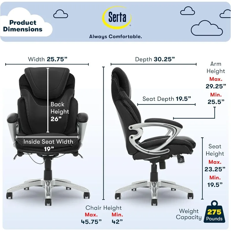 Executive Office Chair, Ergonomic Computer DeskChair, Comfortable Layered Body Pillows for Cushioning, Bonded Leather, Black