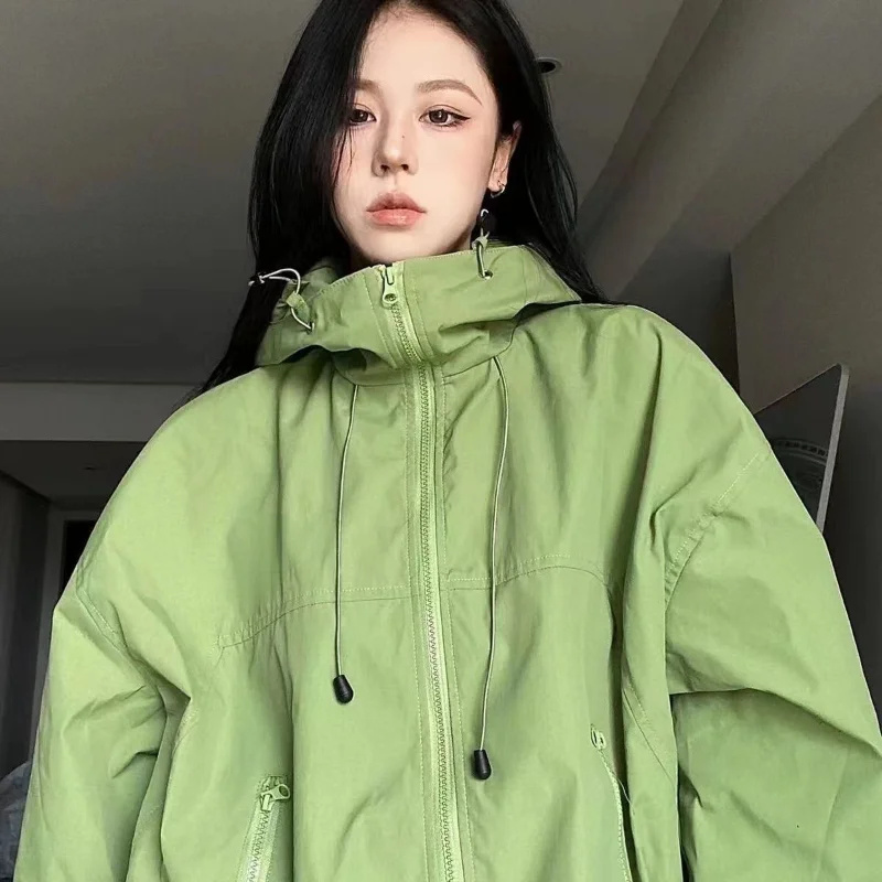 Y2K Green Windbreaker Jacket Women Oversized Hip Hop Black Top Waterproof Hooded Coat Harajuku Outerwear Coat Women Streetwear