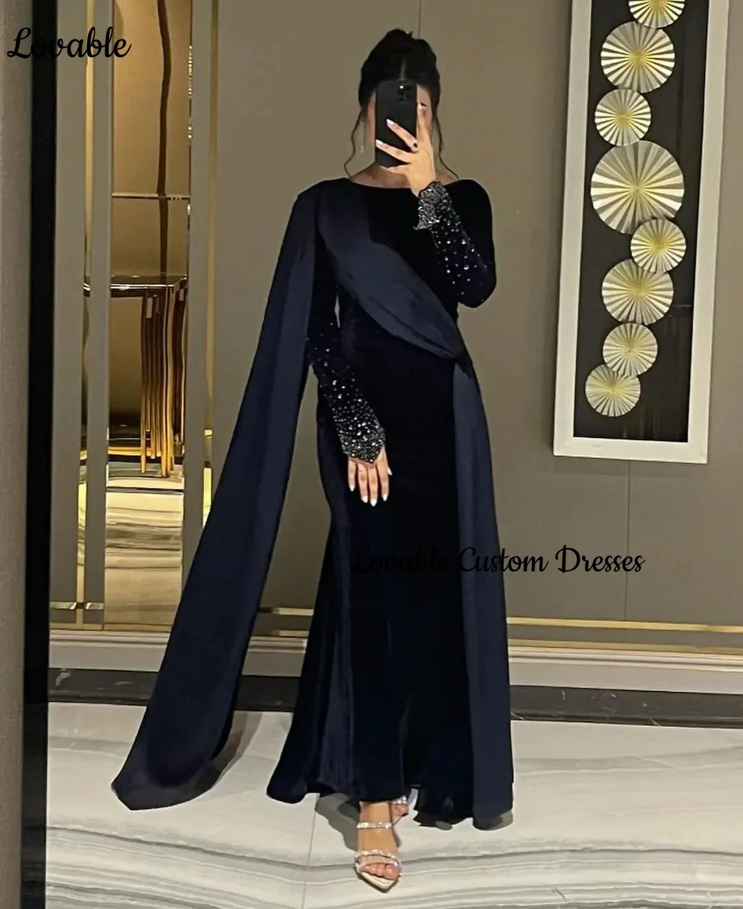 Customized فساتين سهرة A-Line Scoop Neckline Floor-Length Luxury Evening Dresses Beadings Zipper Up Long Sleeves Dresses For Pro