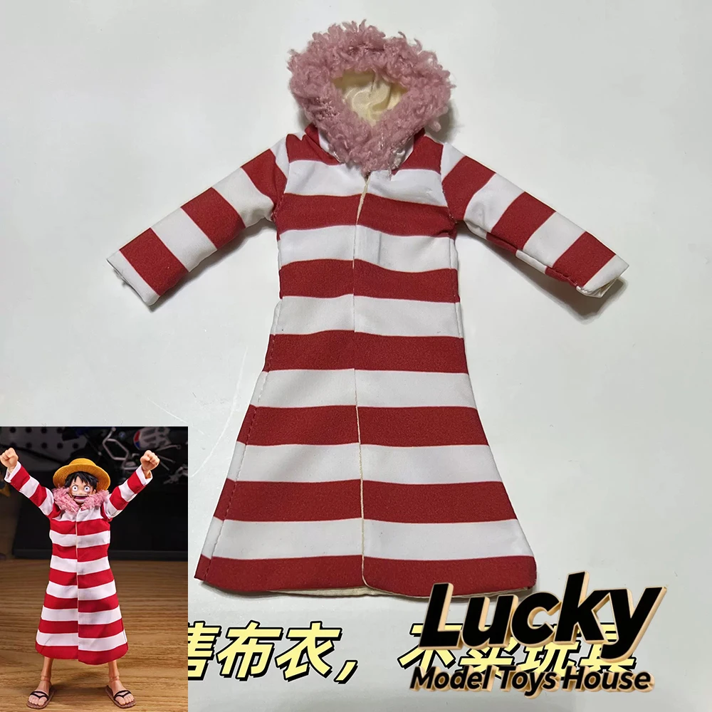 1/12 One Piece Luffy Fur Collar Red White Stripe Long Robe Coat Clothes Toys Ice Flame Island Scene Accessory For 6