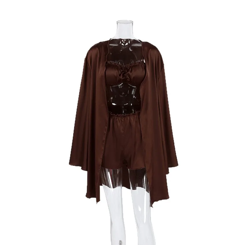 Spring and Summer 2026 New Brown Long-sleeved Underwear and Shorts Three-piece Pajama Set Loungewear Women Can Wear Outside