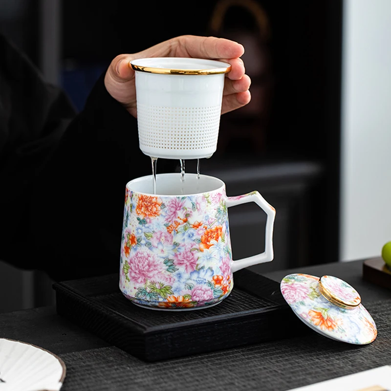 

Chinese Style Ceramic Cartoon Floral Pattern Mug, Personal Creative Teacup, With Cover Filtered Tea Water Separation, 350ml, 1Pc