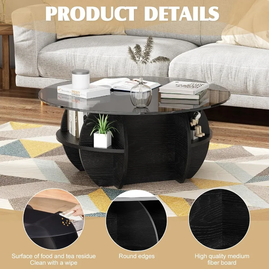 Meja Kopi Bundar Modern dengan Permukaan Kaca dan Alas Kayu Solid, Meja Koktail Bundar Rustic Besar, Aksen Unik G
