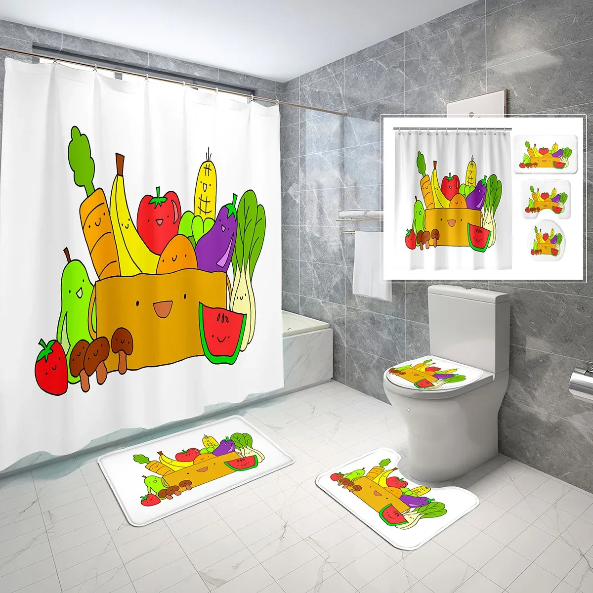 

4 Pcs Cartoon Fruit Shower Curtain Sets Creativity Style Design Non-Slip Bath Mat Toilet Cover Waterproof Shower Curtain Set