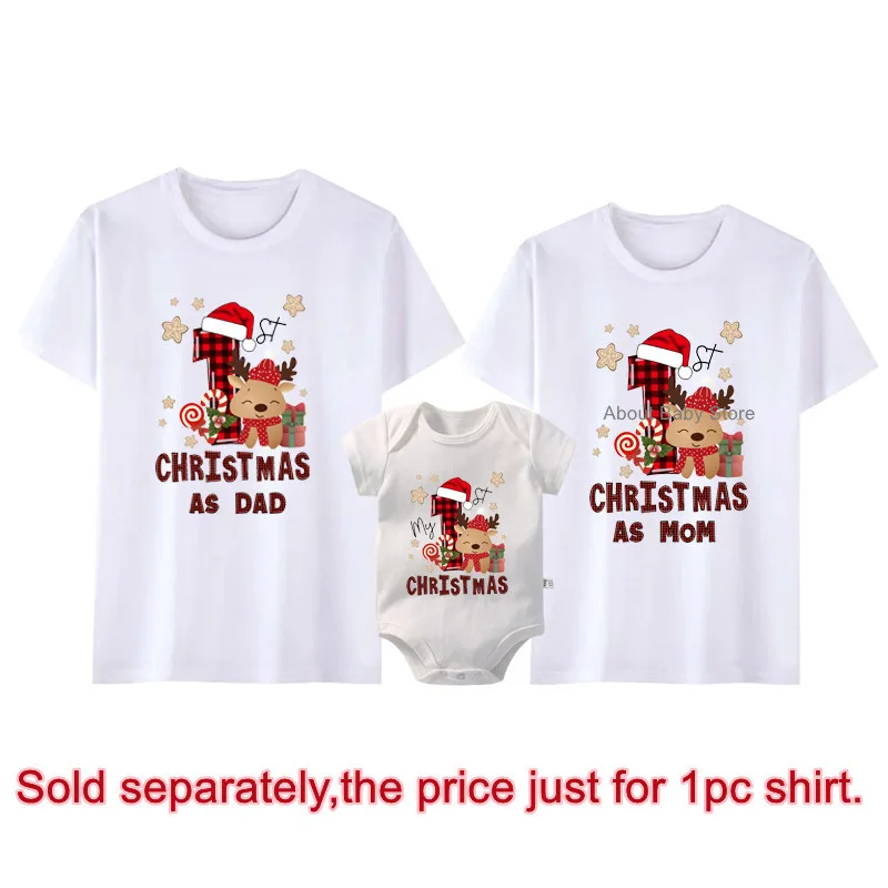 New Family Christmas Shirts Cotton Matching First Christmas As Dad Mom Tshirts Baby Deer Rompers Funny Look Xmas Party Outfits